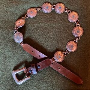 Vintage Western Brown Leather Belt w/ Silver & Turquoise Accents | 34.5” Long